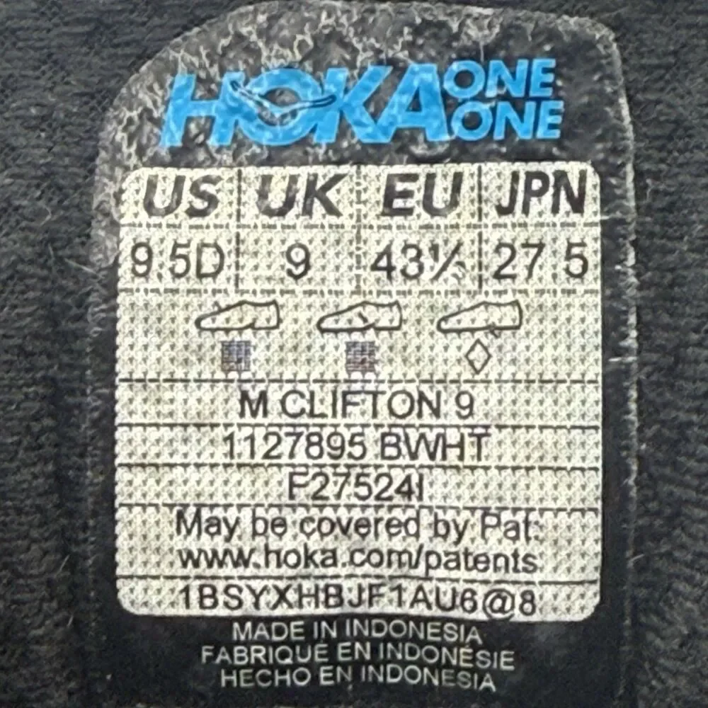 Hoka One One Clifton 9 Mens Size 9.5D Black White Walking Running Shoes Sneakers - Picture 8 of 8